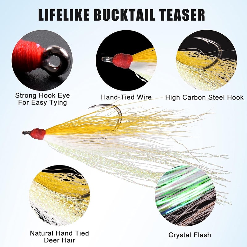 SILANON Fishing Bucktail Teaser Hooks,5pcs Saltwater Fishing Jig Teaser Lures with Carbon Steel Hooks Crystal Flash Flounder Rigs for Salmon Trout Sea Bass Steelhead - Image 2